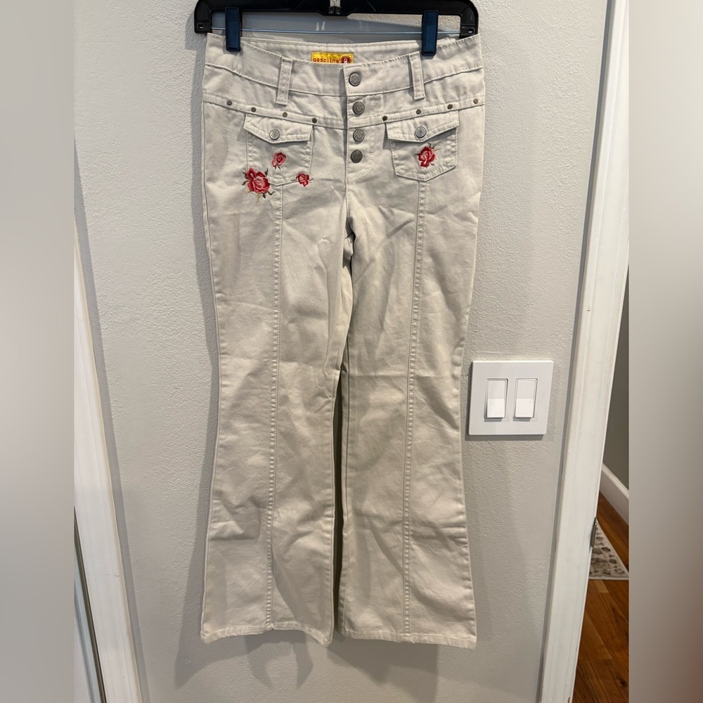 Vintage Y2K Gasoline Hippie Embroidered Flare Khaki Pants Women’s Size 12 EUC
